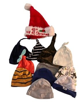 12+ Assorted Infant Beanie Hat Bundle w/ Red 1st Christmas Santa Hat | NB & 0-3M